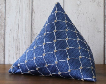 Fabric Doorstop, Doorstopper, Door Stop, Door Wedge in Blue and Pale Gold Geometric Print Fabric, Triangular, Pyramid Shape