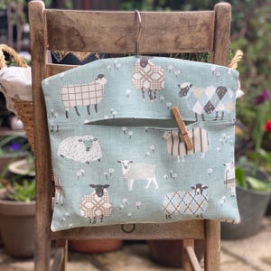 Clothespin Bag Peg Bag with Sheep Pattern in Duck Egg Blue Cotton Fabric with Wooden Hanger
