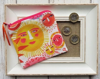 Assorted Sun Face Print Fabric Coin Purse Zipper Pouch Ear Bud Case