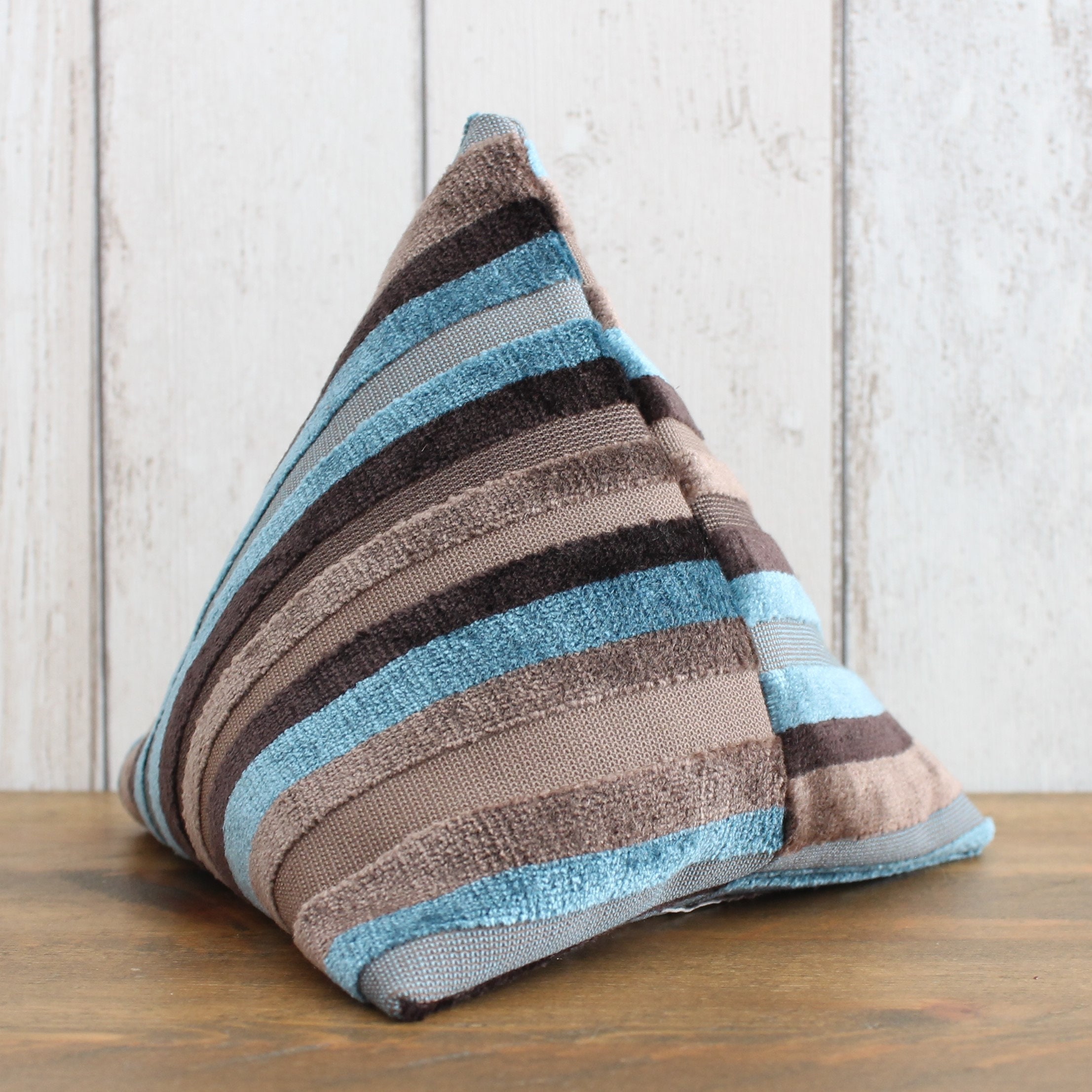 Fabric Doorstop, Doorstopper, Door Wedge in a Brown and Blue Striped Velvet Fabric, Triangular, Pyramid Shape