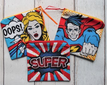 Assorted Comic Strip Super Hero Print Fabric Coin Purse Zipper Pouch Ear Bud Case