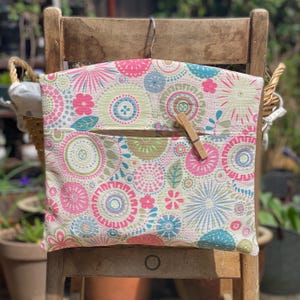 Peg Bag in Pink and Green Floral Cotton Fabric Hanging Clothespin Bag With Wooden Hanger
