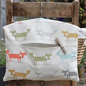 Peg Bag in Cotton Scandi Fox Print Hanging Clothespin Bag With Wooden Hanger