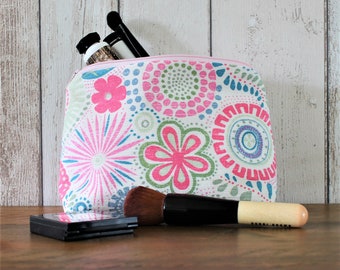 Pink & Green Funky Floral Zipped Pouch, Makeup Bag, Gadget Case