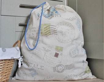 Laundry Bag in Blue and Brown Vintage Postcard Design Cotton Fabric, Craft Bag, Drawstring Bag