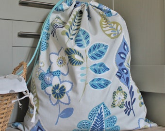 Laundry Bag in Blue and Green Abstract Leaf Design Cotton Fabric, Craft Bag, Drawstring Bag