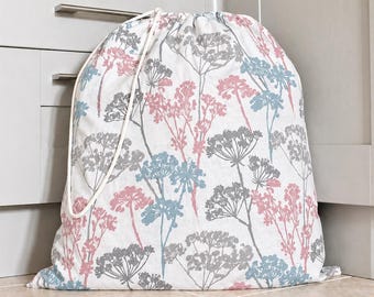 Pink and Grey Laundry Bag Cow Parsley Design Cotton Fabric, Craft Bag, Drawstring Bag