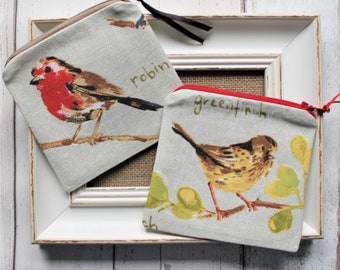 Assorted Garden Bird Print Fabric Coin Purse Zipper Pouch Ear Bud Case