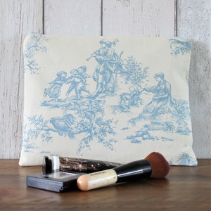 Blue and Cream Toile De Jouy Fabric Zipper Pouch, Makeup Bag, Gadget Case, Coin Purse