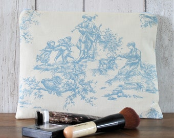 Blue and Cream Toile De Jouy Fabric Zipper Pouch, Makeup Bag, Gadget Case, Coin Purse