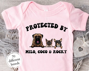 Protected By Milo Coco And Rocky Onesie®,Custom Dog Breed Onesie®, Personalized Dog Name Baby Onesie®, Custom Dog and Cat Breeds