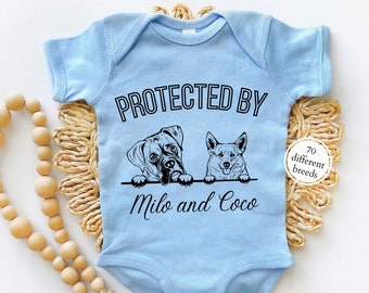 Protected By Milo And Coco Onesie®,Personalized Dog Name Baby Onesie®, Custom Dog and Cat Breeds,Custom Dogs and Cats Onesie®