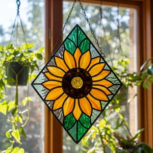 Padrão de vitral com apanhador de sol de girassol: decoração moderna faça você mesmo (padrão em PDF)