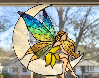 Fairy On Moon Stained Glass Pattern: Suncatcher Printable (PDF)