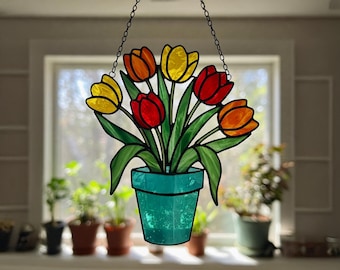 Tulip Flower Suncatcher Stained Glass Pattern: Modern DIY Decor (PDF Pattern)