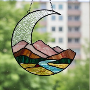 Landscape Crescent Moon Stained Glass Pattern, Mountain Suncatcher Glass Pattern, Modern Suncatcher, DIY Stained Glass, Hanging Decor Home