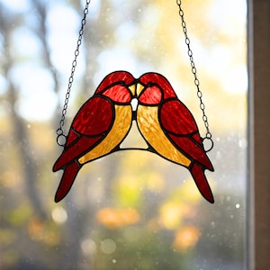 Kissing Birds glas in lood patroon, Read tortelduifjes Suncatcher glaspatroon, moderne Suncatcher, DIY glas in lood, jubileumcadeau