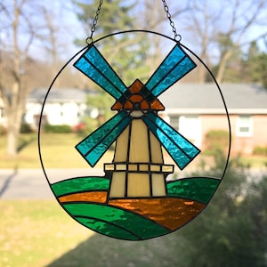 Windmill Stained Glass Pattern: Holland Farmhouse Decor (PDF Download, 6.5&quot; Diameter)