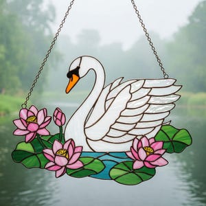 Swan With Lotus Flower Stained Glass Pattern, Swan Suncatcher Glass Pattern,Lotus Flower Glass Pattern, Modern Suncatcher, DIY Stained Glass
