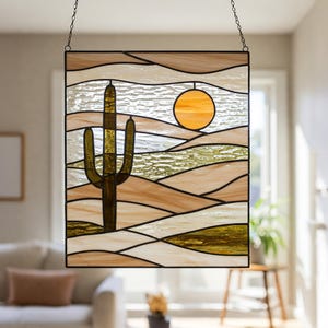 Patrón de vitral de cactus del desierto, patrón de atrapasol de sol y cactus, atrapasol moderno, vitral DIY, decoración colgante para el hogar