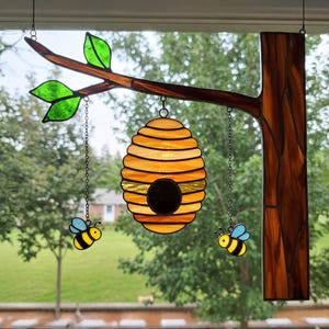 Motif de vitrail ruche : attrape-soleil en nid d&#39;abeille, motif de branche d&#39;arbre (Modèle PDF