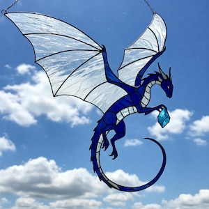 Blue Dragon Stained Glass Pattern, Flying Fantasy Dragon Suncatcher DIY, Crystal Claw Dragon Pattern PDF, DIY Stained Glass