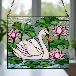Swan With Lotus Flower Stained Glass Pattern, Swan Suncatcher Glass Pattern,Lotus Flower Glass Pattern, Modern Suncatcher, DIY Stained Glass