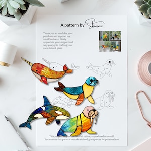 Digital Download Stained glass Ocean Creatures Bundle  Pattern, Orca Whale/ Walrus/ Seal Digital Pattern, Diy Stained Glass, Easy, Beginner