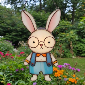 Bunny with Glasses Stained Glass Suncatcher, Cute Dressed Rabbit PDF Pattern Suncatcher, Nerdy Bunny PDF, Gift For Kids, DIY Stained Glass