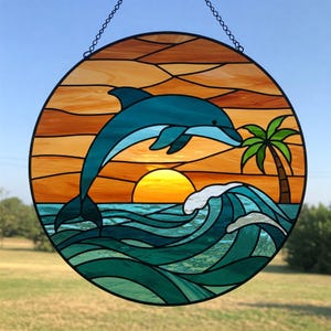 Dolphin Sunset Stained Glass Suncatcher, Ocean Wave Beach Scene PDF Pattern, Tropical Summer Decor Home, Coastal Handmade Gift