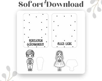May include: Two printable cards with a dotted background. One card says "Herzlichen Glückwunsch" and the other says "Alles Liebe".  There are two black and white illustrations of children, one boy and one girl, holding candles.  The cards and illustrations are for a digital download.