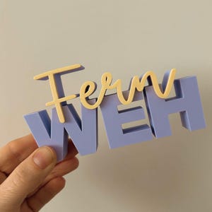 May include: A light purple, three-dimensional sign that spells out the word "WEH" in block letters, with the word "Fern" in gold cursive letters on top. The sign is held by a hand.