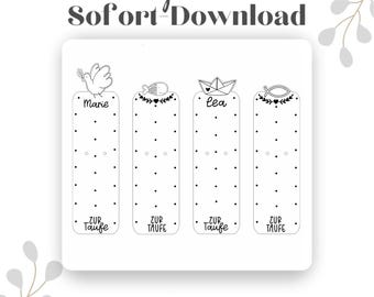 May include: Four black and white bookmarks with illustrations. Each bookmark features a name, a decorative element, and the text "ZUR Taufe". The top text reads "digitaler Sofort Download".