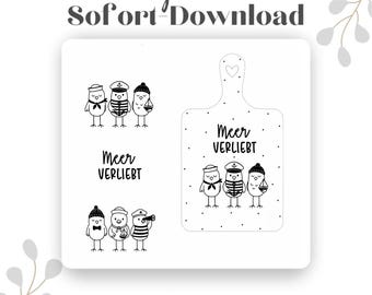 May include: Black and white digital download featuring nautical-themed bird illustrations. Includes a cutting board design with the text "Meer Verliebt" and various bird characters wearing sailor hats and holding a small boat.