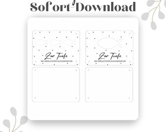 May include: Two printable digital designs for a baptism or christening. The designs feature a fish symbol and the text "Zur Taufe" which means "For the Baptism" in German. The designs are black and white and have a dotted background.