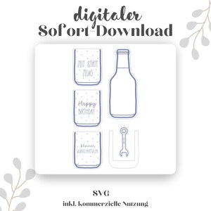 K&ouml;nnte beinhalten: Ein digitaler Download von SVG-Dateien f&uuml;r eine Geburtstagskarte. Die Karte zeigt eine Flasche, ein Glas und einen Schraubenschl&uuml;ssel. Das Glas hat den Text "Zeit statt Zeug" und "Happy Birthday" darauf. Der Schraubenschl&uuml;ssel befindet sich in einem Halter. Der Text "kleiner Wunscherf&uuml;ller" steht auf dem Glas.