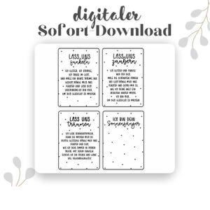 Könnte beinhalten: Vier druckbare Karten mit schwarzem Text auf weißem Hintergrund. Die Karten zeigen positive Affirmationen mit den Worten "Lass uns funkeln", "Lass uns zaubern", "Lass uns träumen" und "Ich bin dein Sonnenfänger".