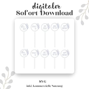 Puede incluir: Un conjunto de diez archivos SVG digitales para toppers de cupcakes imprimibles. Los toppers presentan una variedad de frases que incluyen "For Dich", "Einfach So", "Herz Mensch", "Danke Für Alles" y "Happy Birthday".