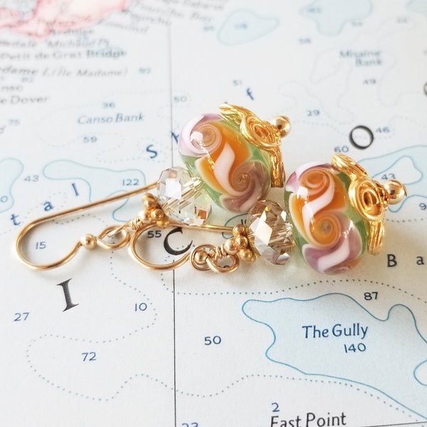 Lampwork, Crystal and Gold Earrings - Lavender and Gold - One of a Kind - OOAK - Happy Shack Designs