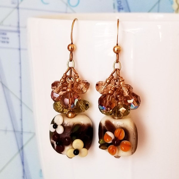 Golden Garnet Sunset Lampwork and Crystal Earrings - Golden Earrings - Golden Flower Earrings - Happy Shack Designs