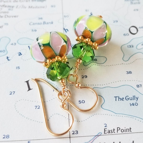 Lampwork, Crystal and Gold Earrings - Green and Gold - One of a Kind - OOAK - Happy Shack Designs