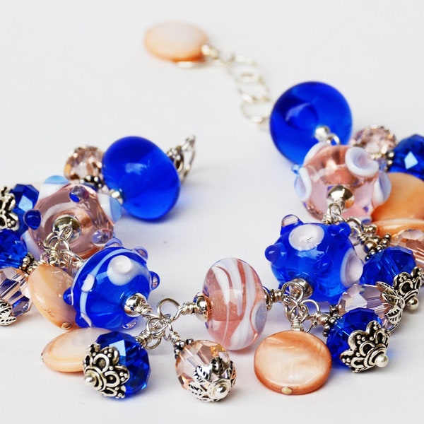 Sunset Beach Lampwork and Sterling Bracelet - Blue and Rose Gold - Beachy Charm Bracelet - Ocean Colors - Happy Shack Designs