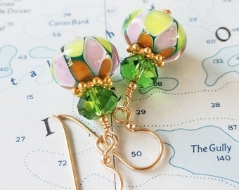 Lampwork, Crystal and Gold Earrings - Green and Gold - One of a Kind - OOAK - Happy Shack Designs