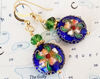 Blue Cloisonne and Gold Earrings - Vintage Style Earrings - Floral Cloisonne Earrings - One of a Kind - OOAK - Happy Shack Designs