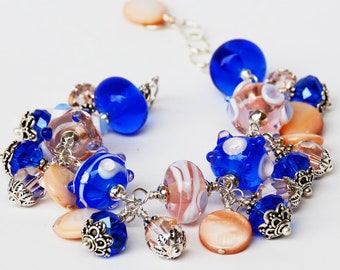 Sunset Beach Lampwork and Sterling Bracelet - Blue and Rose Gold - Beachy Charm Bracelet - Ocean Colors - Happy Shack Designs