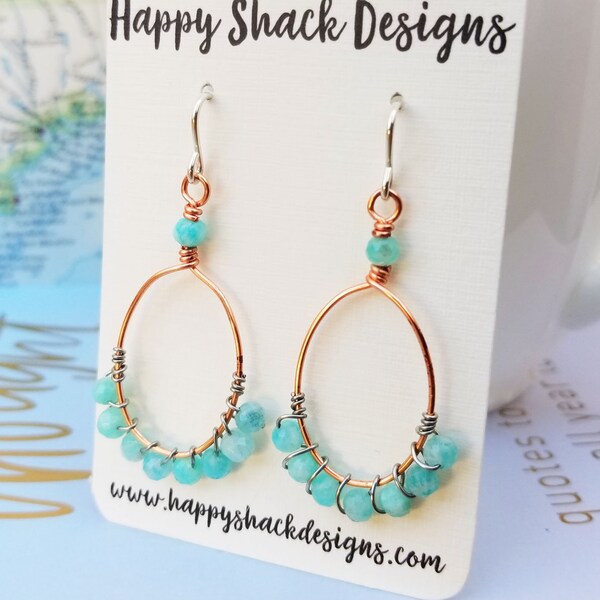 Blue Amazonite, Sterling and Copper Wire Wrapped Earrings - Blue Amazonite Earrings