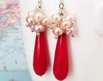 Jade and Pearl Statement Earrings - Deep Pink Jade and Pearls - Pearl Statement Earrings - One of a Kind - OOAK - Happy Shack Designs