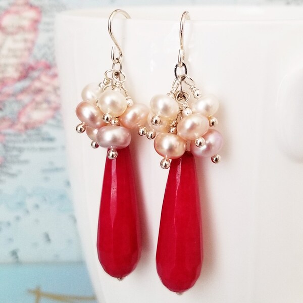 Jade and Pearl Statement Earrings - Deep Pink Jade and Pearls - Pearl Statement Earrings - One of a Kind - OOAK - Happy Shack Designs