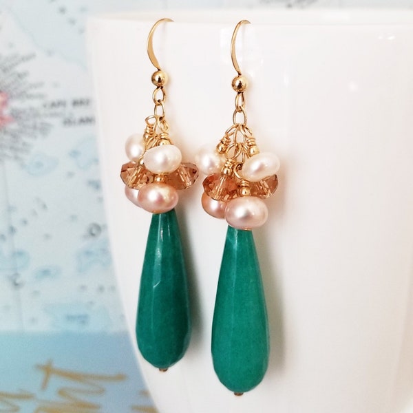 Golden Jade and Pearl Statement Earrings - Deep Aqua Jade and Pearls - Pearl Statement Earrings - One of a Kind - OOAK - Happy Shack Designs