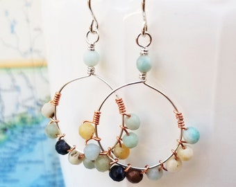 Amazonite, Sterling and Copper Wire Wrapped Earrings - Amazonite Earrings